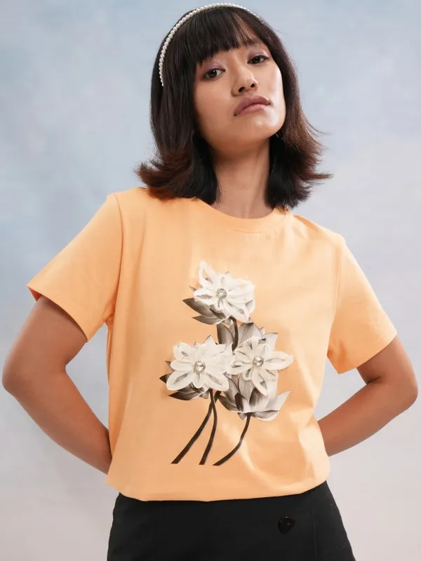 Tokyo Talkies Women Peach Printed Round Neck T-Shirt