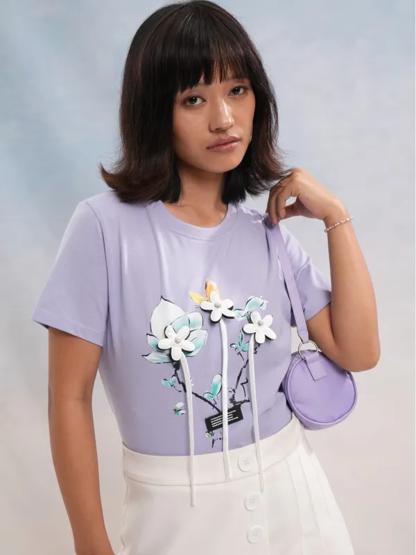 Tokyo Talkies Women Purple Printed Round Neck T-Shirt