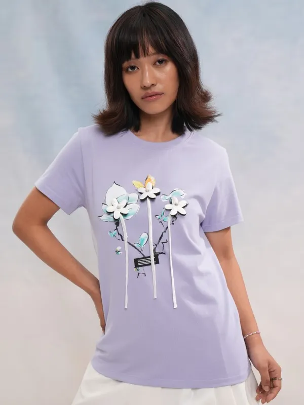 Tokyo Talkies Women Purple Printed Round Neck T-Shirt