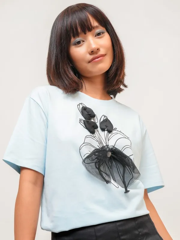 Tokyo Talkies Women Blue Printed Round Neck T-Shirt