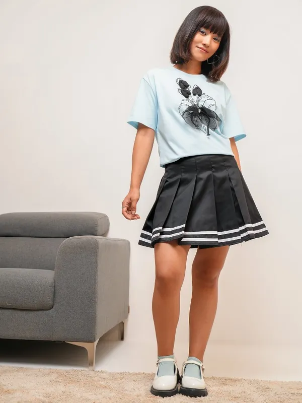 Tokyo Talkies Women Blue Printed Round Neck T-Shirt