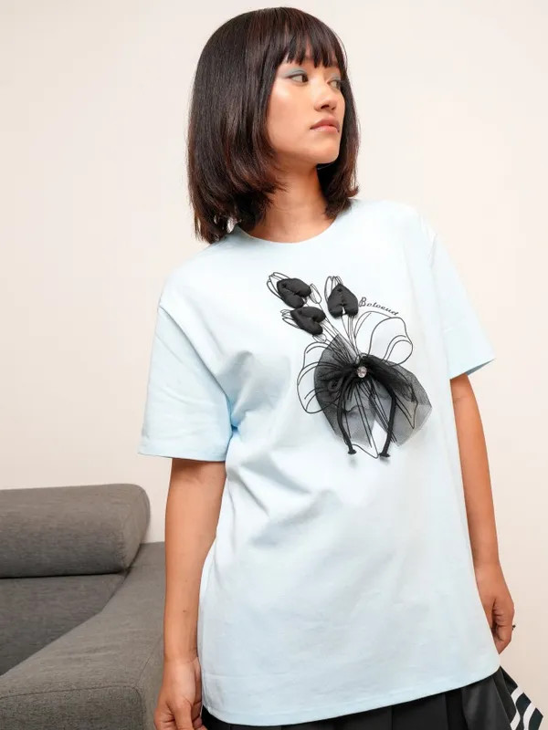 Tokyo Talkies Women Blue Printed Round Neck T-Shirt