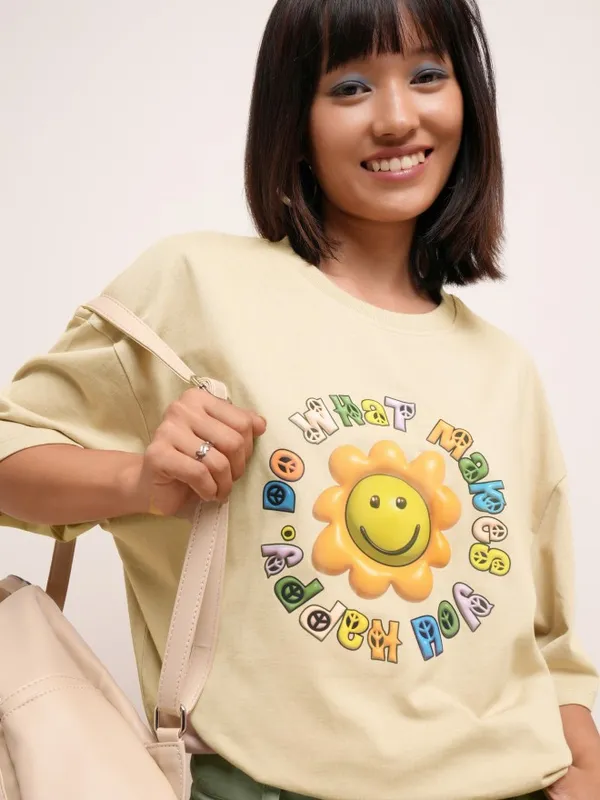 Tokyo Talkies Women Brown Printed Round Neck Oversized Fit T-Shirt