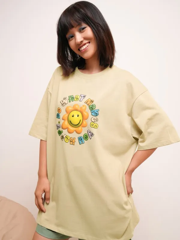 Tokyo Talkies Women Brown Printed Round Neck Oversized Fit T-Shirt
