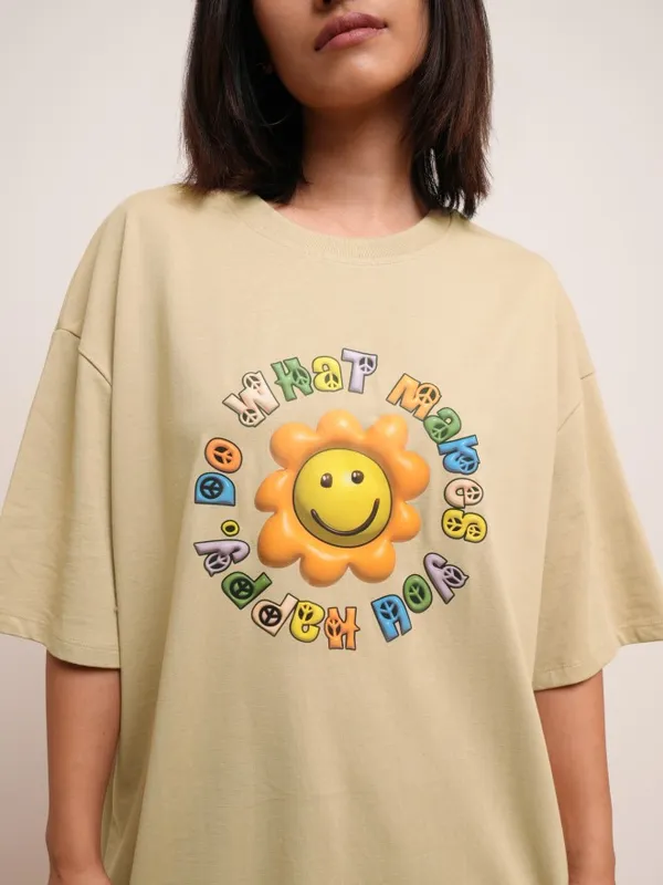 Tokyo Talkies Women Brown Printed Round Neck Oversized Fit T-Shirt