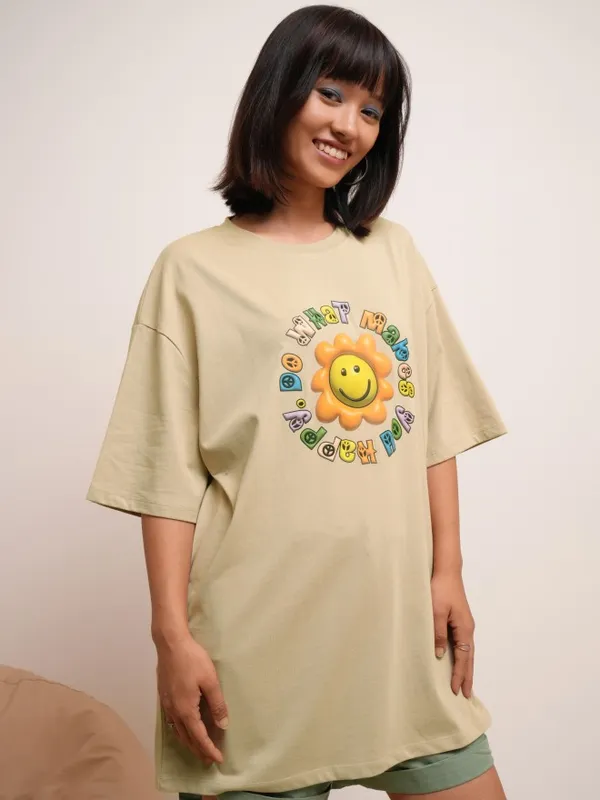 Tokyo Talkies Women Brown Printed Round Neck Oversized Fit T-Shirt