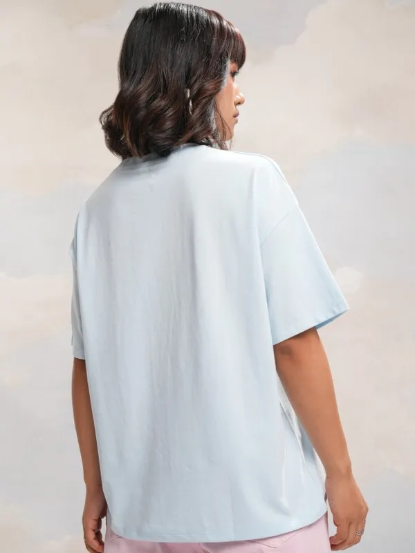 Tokyo Talkies Women Blue Self Design Round Neck Boxy Fit T-Shirt