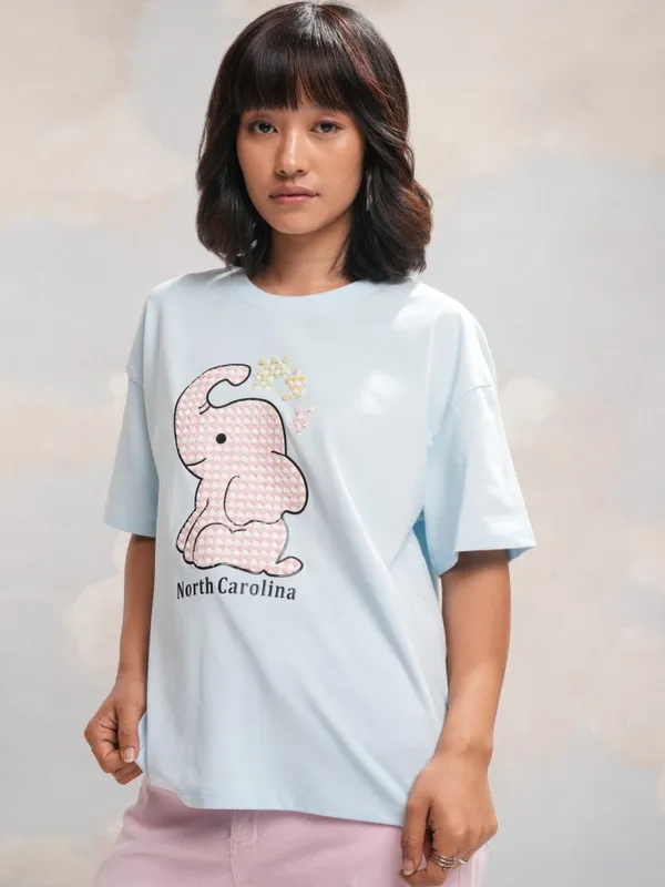 Tokyo Talkies Women Blue Self Design Round Neck Boxy Fit T-Shirt