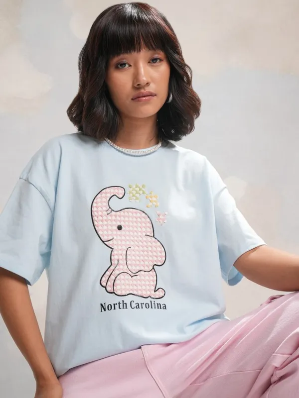 Tokyo Talkies Women Blue Self Design Round Neck Boxy Fit T-Shirt