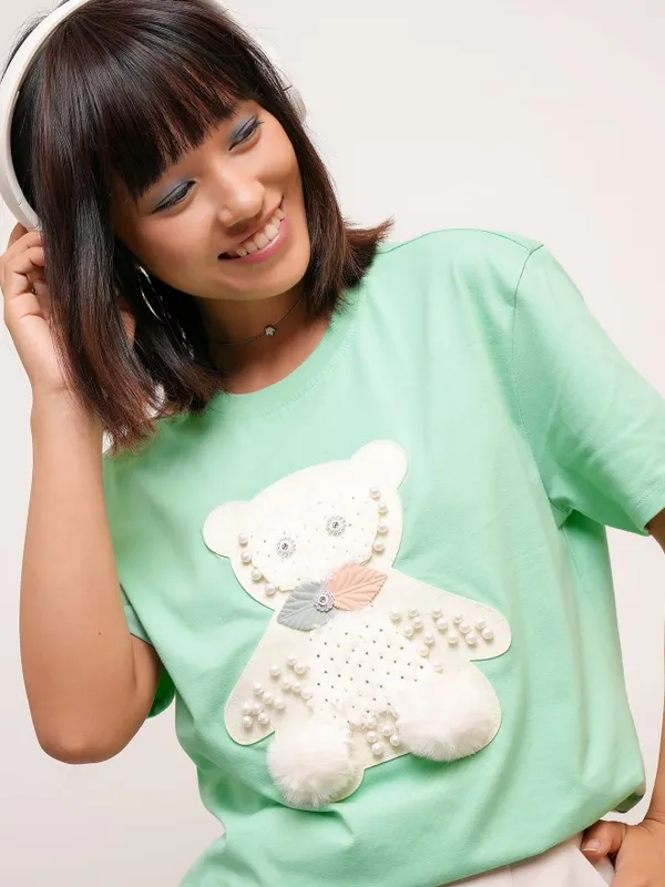 Tokyo Talkies Women Green Self Design Round Neck T-Shirt