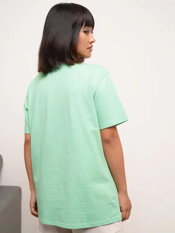 Tokyo Talkies Women Green Self Design Round Neck T-Shirt