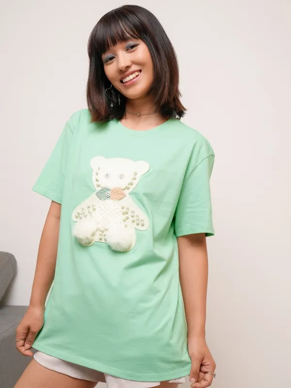 Tokyo Talkies Women Green Self Design Round Neck T-Shirt