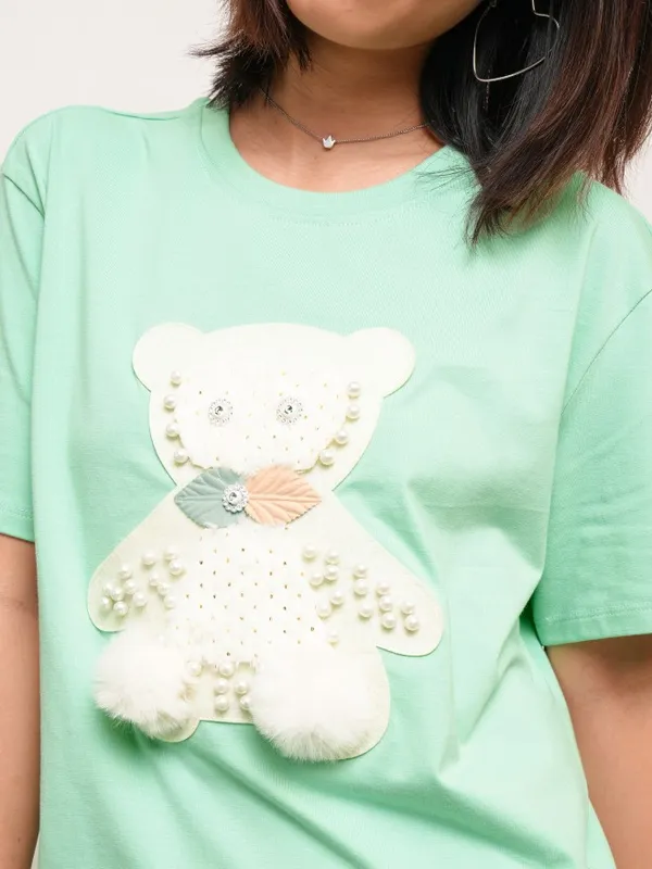 Tokyo Talkies Women Green Self Design Round Neck T-Shirt