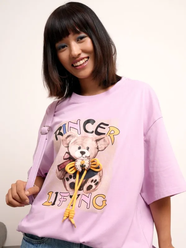 Tokyo Talkies Women Lavender Printed Round Neck Oversized Fit T-Shirt