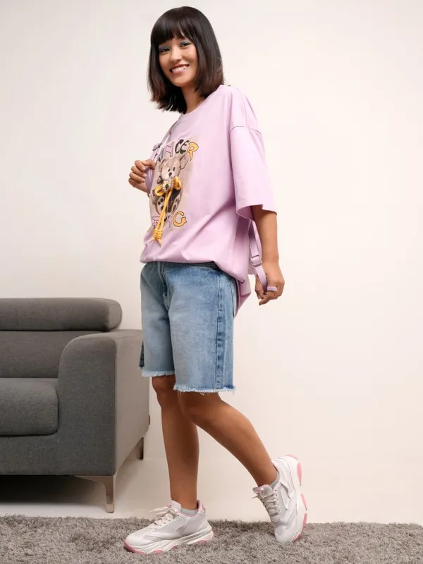 Tokyo Talkies Women Lavender Printed Round Neck Oversized Fit T-Shirt