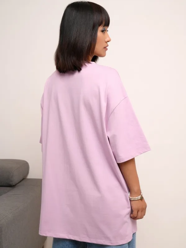 Tokyo Talkies Women Lavender Printed Round Neck Oversized Fit T-Shirt