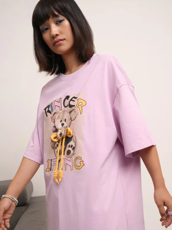 Tokyo Talkies Women Lavender Printed Round Neck Oversized Fit T-Shirt