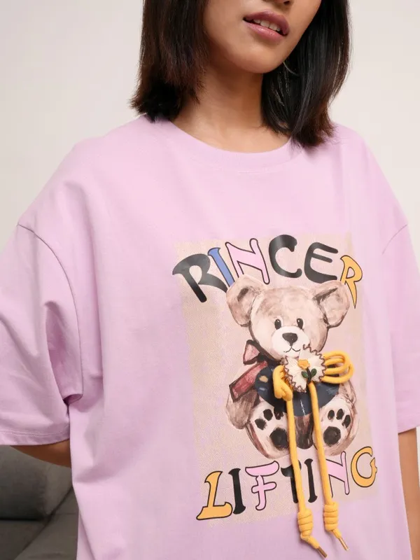 Tokyo Talkies Women Lavender Printed Round Neck Oversized Fit T-Shirt