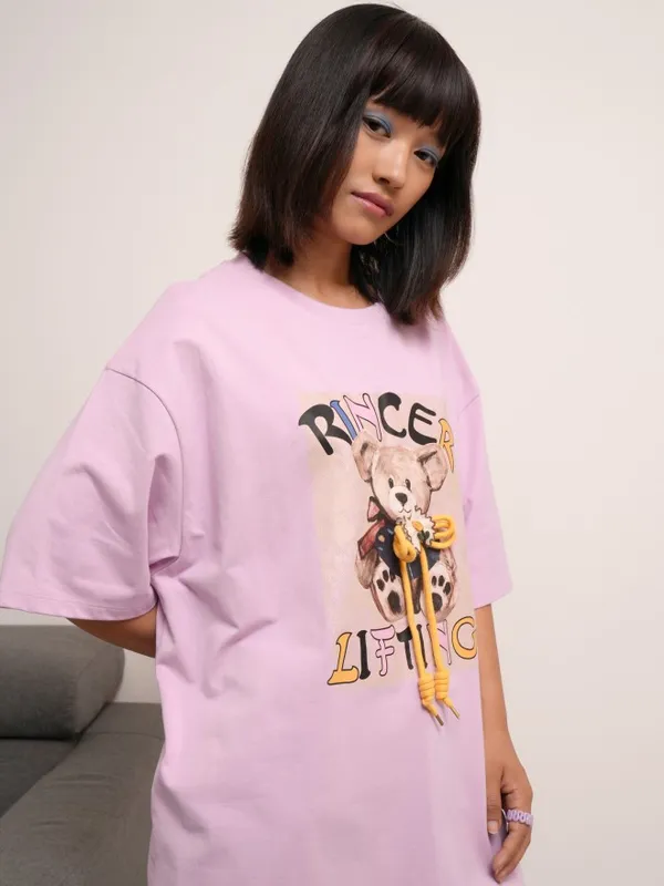Tokyo Talkies Women Lavender Printed Round Neck Oversized Fit T-Shirt