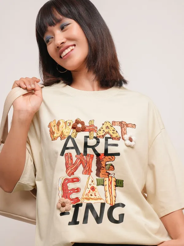 Tokyo Talkies Women Beige Printed Round Neck Oversized Fit T-Shirt