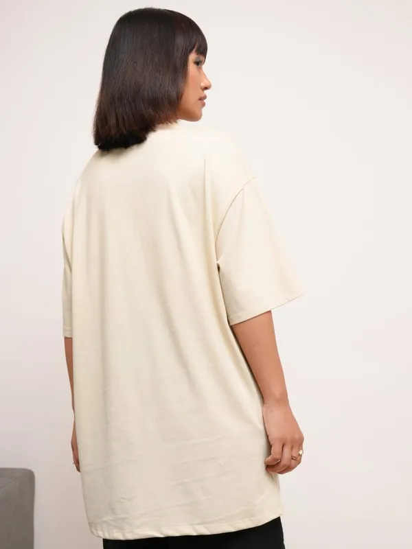 Tokyo Talkies Women Beige Printed Round Neck Oversized Fit T-Shirt