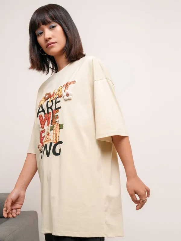 Tokyo Talkies Women Beige Printed Round Neck Oversized Fit T-Shirt