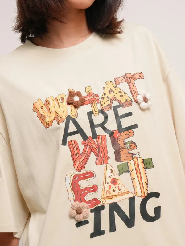 Tokyo Talkies Women Beige Printed Round Neck Oversized Fit T-Shirt