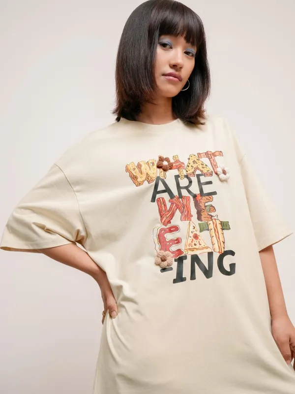 Tokyo Talkies Women Beige Printed Round Neck Oversized Fit T-Shirt