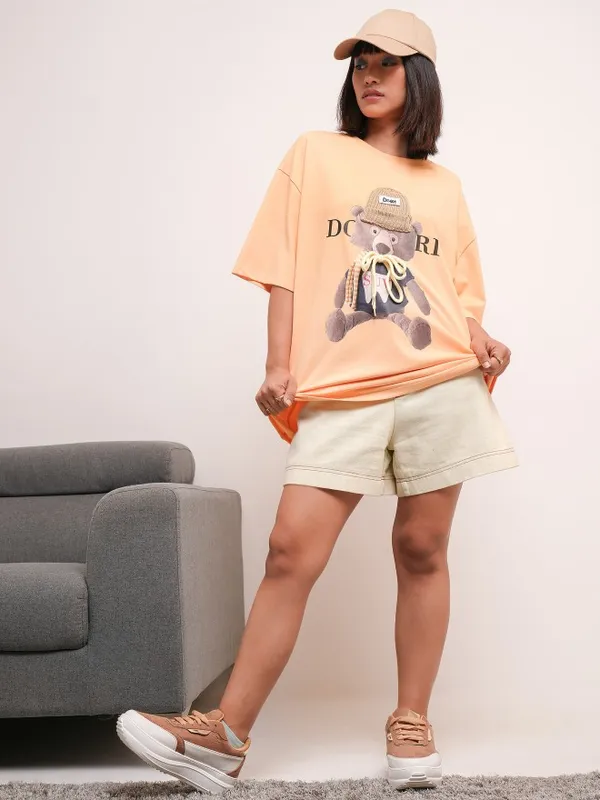 Tokyo Talkies Women Peach Printed Round Neck Oversized Fit T-Shirt