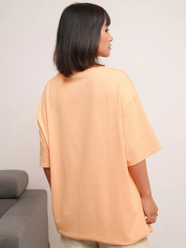 Tokyo Talkies Women Peach Printed Round Neck Oversized Fit T-Shirt