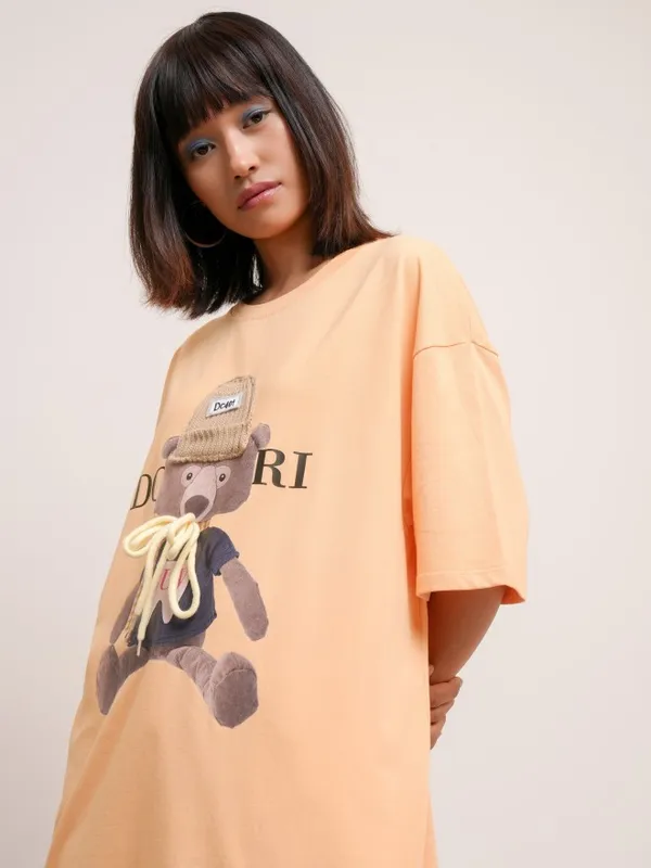 Tokyo Talkies Women Peach Printed Round Neck Oversized Fit T-Shirt