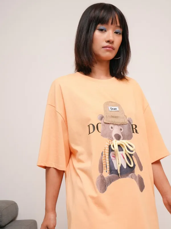 Tokyo Talkies Women Peach Printed Round Neck Oversized Fit T-Shirt
