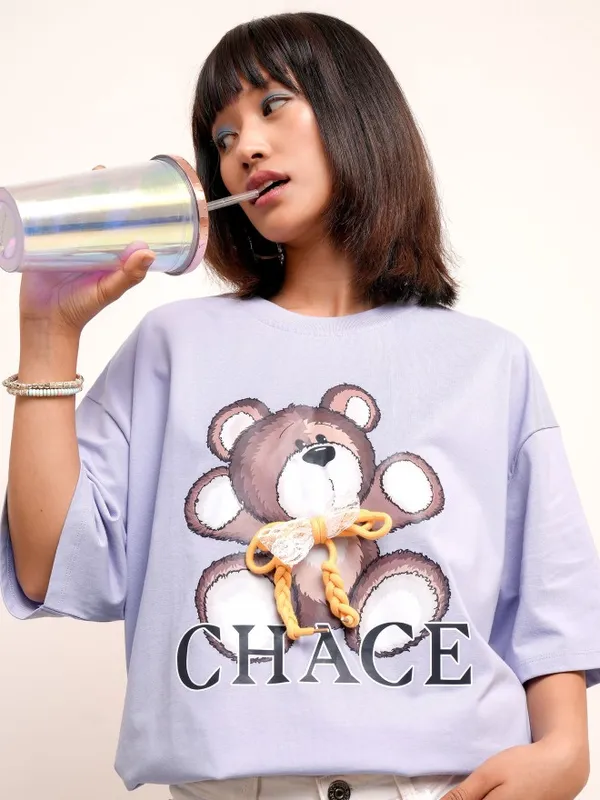 Tokyo Talkies Women Purple Printed Round Neck Oversized Fit T-Shirt