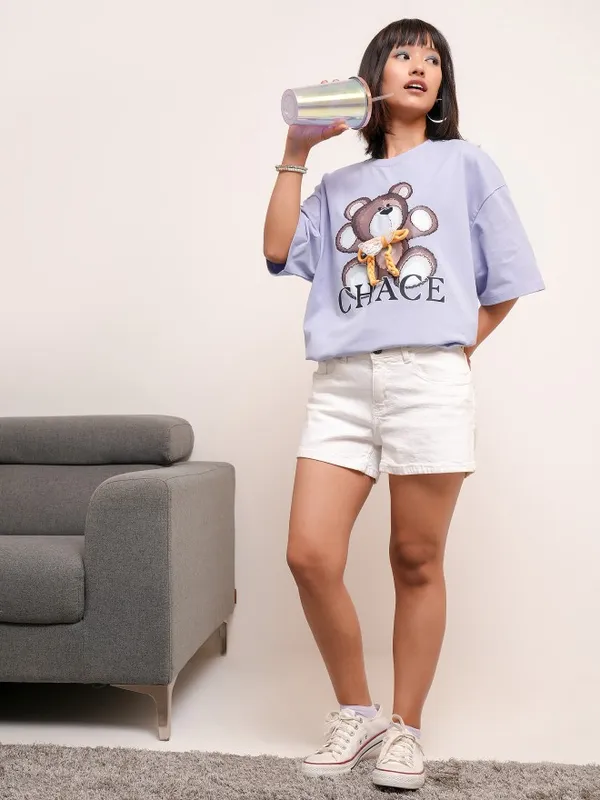 Tokyo Talkies Women Purple Printed Round Neck Oversized Fit T-Shirt