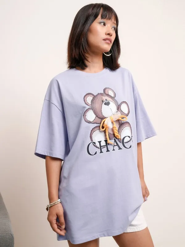 Tokyo Talkies Women Purple Printed Round Neck Oversized Fit T-Shirt