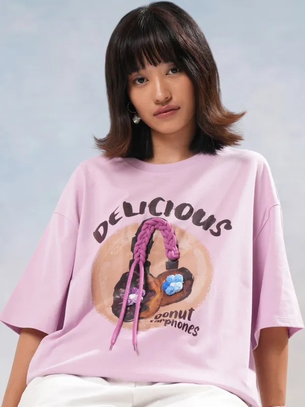 Tokyo Talkies Women Lavender Printed Round Neck Oversized Fit T-Shirt