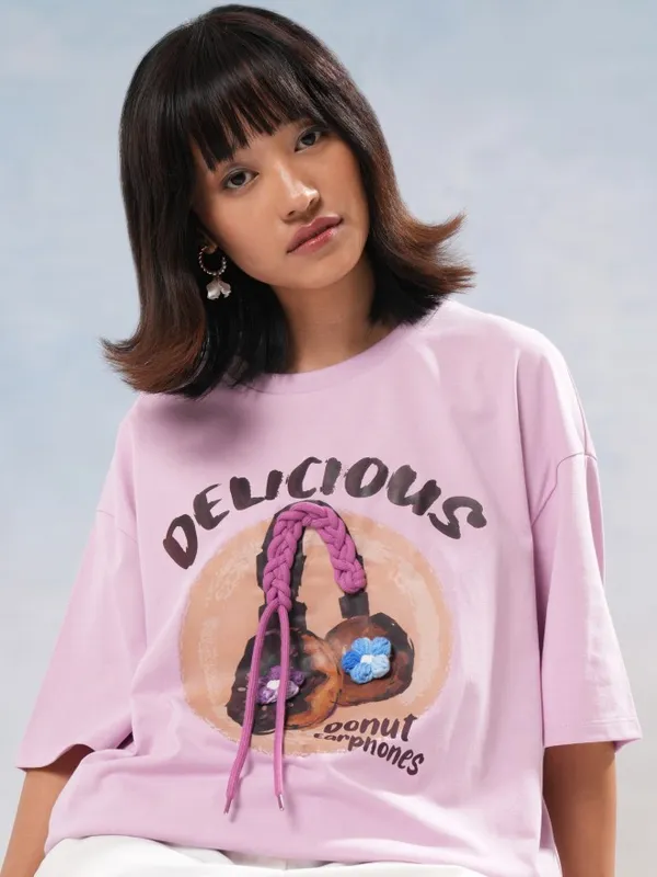 Tokyo Talkies Women Lavender Printed Round Neck Oversized Fit T-Shirt