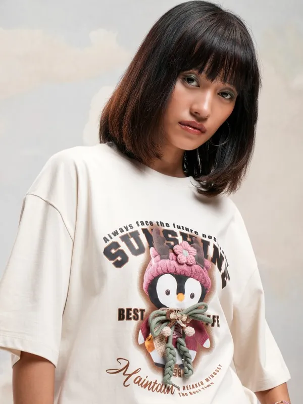 Tokyo Talkies Women Off White Printed Round Neck Oversized Fit T-Shirt
