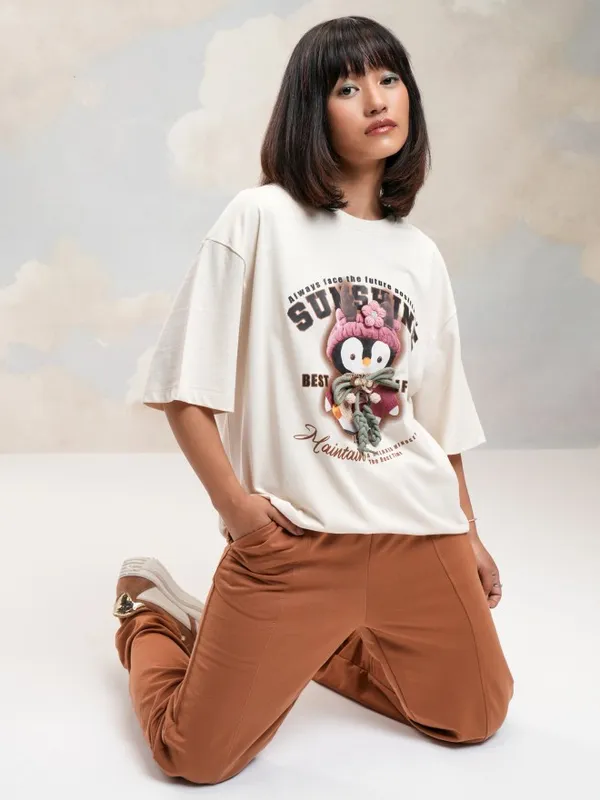 Tokyo Talkies Women Off White Printed Round Neck Oversized Fit T-Shirt