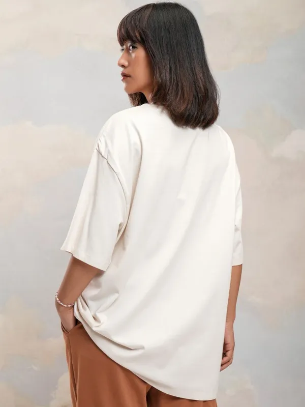 Tokyo Talkies Women Off White Printed Round Neck Oversized Fit T-Shirt