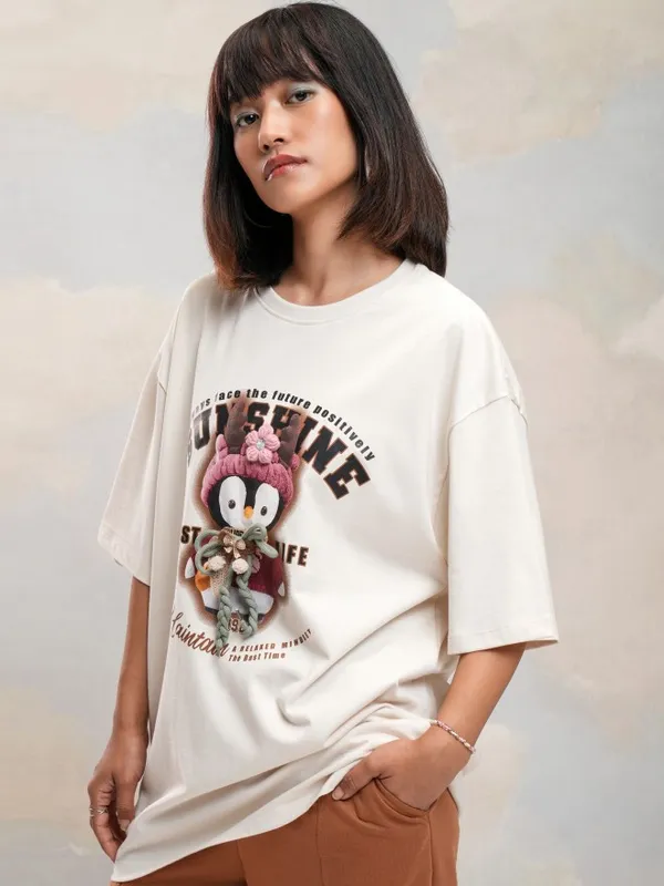 Tokyo Talkies Women Off White Printed Round Neck Oversized Fit T-Shirt