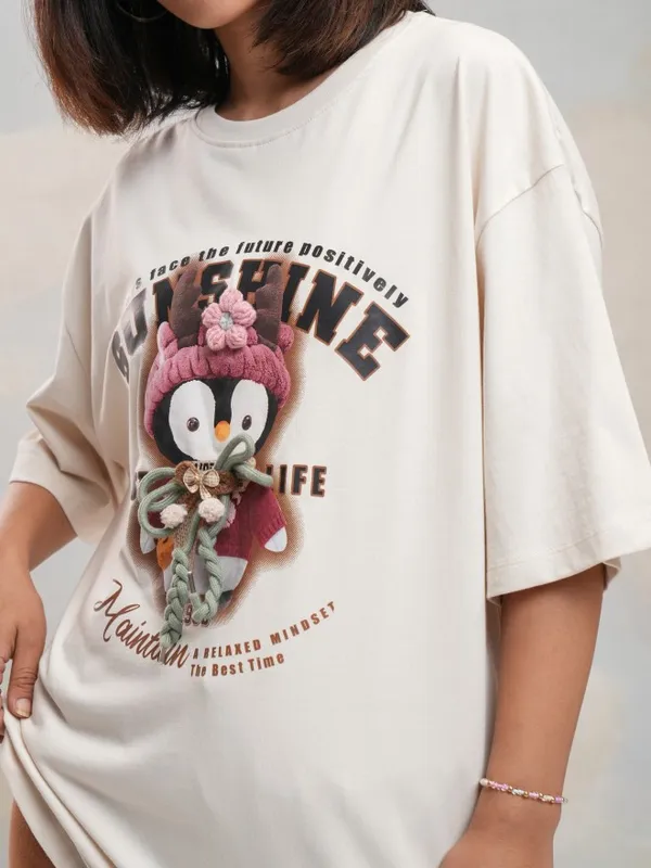 Tokyo Talkies Women Off White Printed Round Neck Oversized Fit T-Shirt