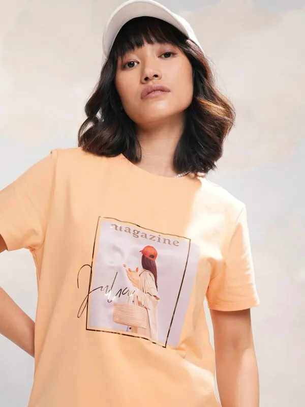 Tokyo Talkies Women Peach Printed Round Neck Regular Fit T-Shirt