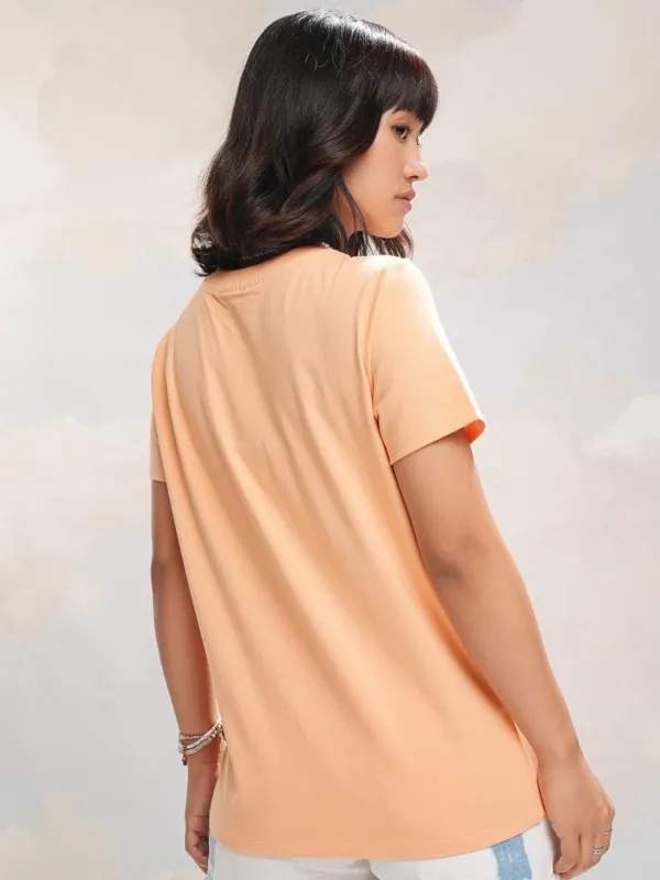 Tokyo Talkies Women Peach Printed Round Neck Regular Fit T-Shirt