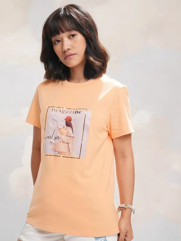Tokyo Talkies Women Peach Printed Round Neck Regular Fit T-Shirt