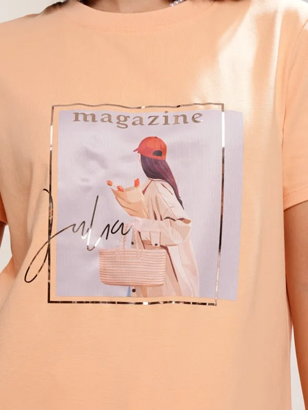 Tokyo Talkies Women Peach Printed Round Neck Regular Fit T-Shirt