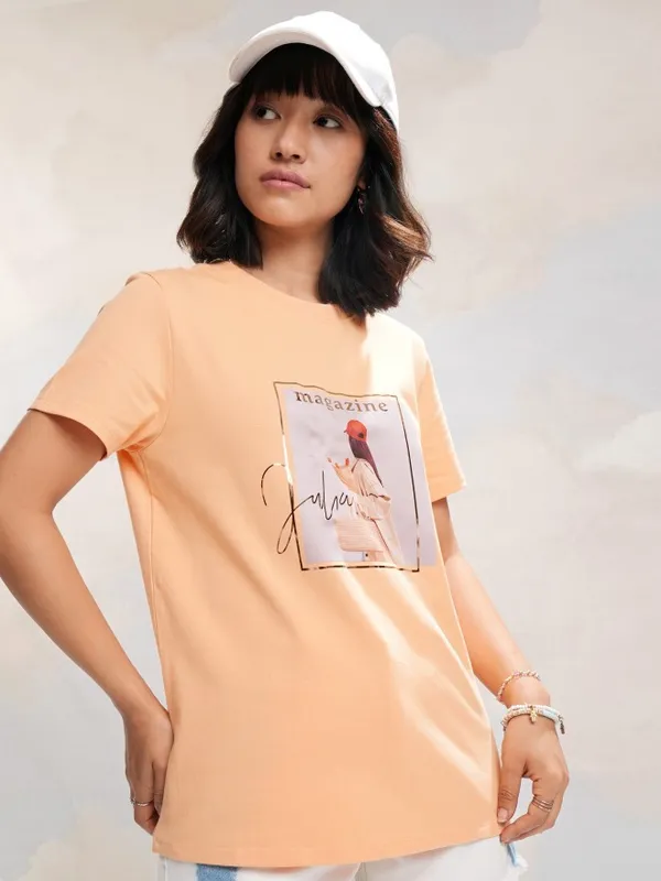 Tokyo Talkies Women Peach Printed Round Neck Regular Fit T-Shirt