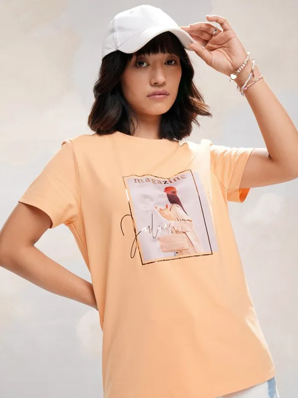 Tokyo Talkies Women Peach Printed Round Neck Regular Fit T-Shirt