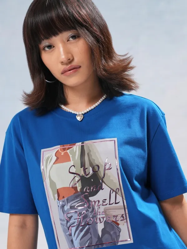 Tokyo Talkies Women Blue Printed Round Neck T-Shirt