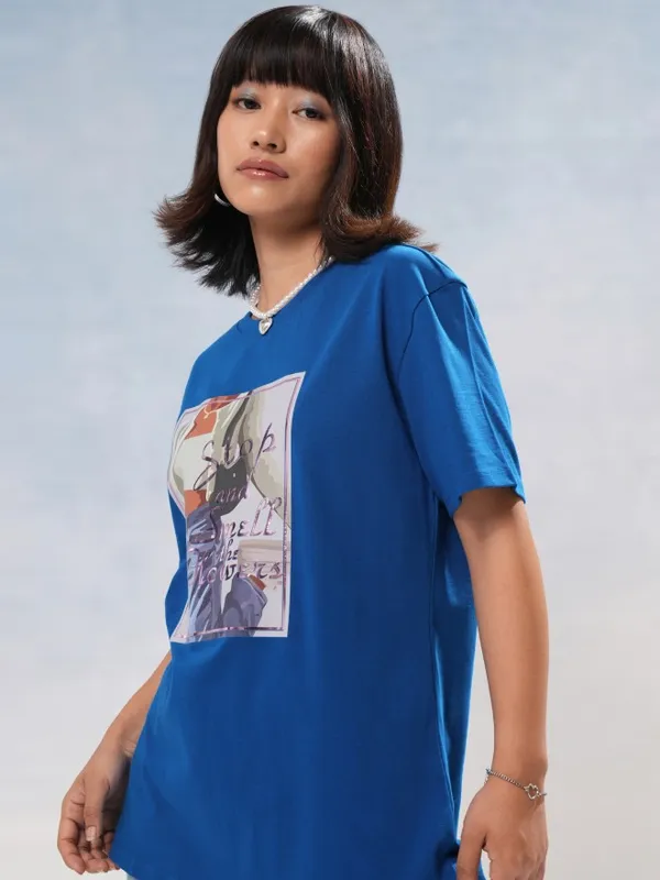 Tokyo Talkies Women Blue Printed Round Neck T-Shirt